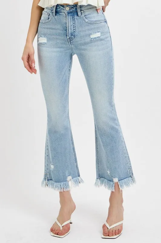 RISEN Full Size Raw Hem Distressed Cropped Flare Jeans Plus Size sold by Charming Charlie
