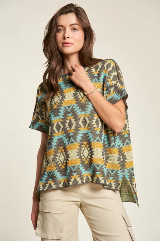 Davi & Dani High-Low Geometric Round Neck Knit Top sold by Charming Charlie