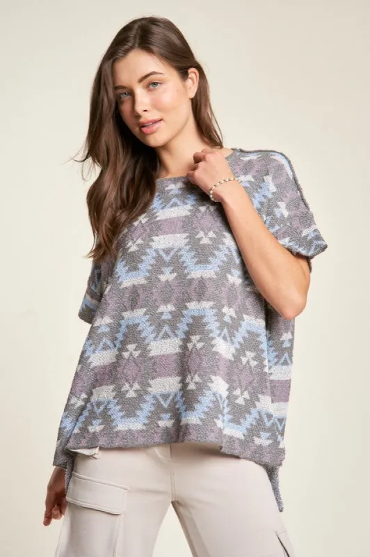 Davi & Dani High-Low Geometric Round Neck Knit Top sold by Charming Charlie