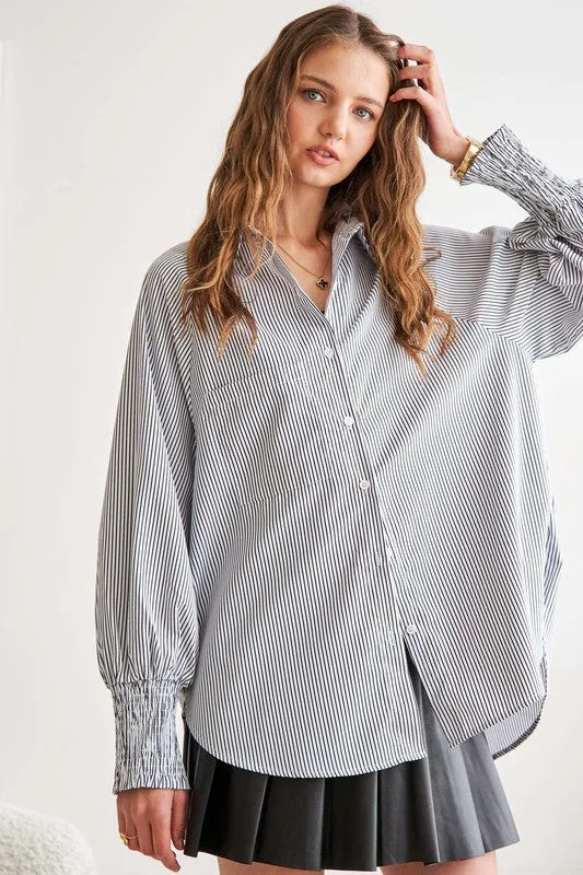 ADORA High-Low Striped Button Down Smocked Lantern Sleeve Shirt sold by Charming Charlie product image thumbnail 3