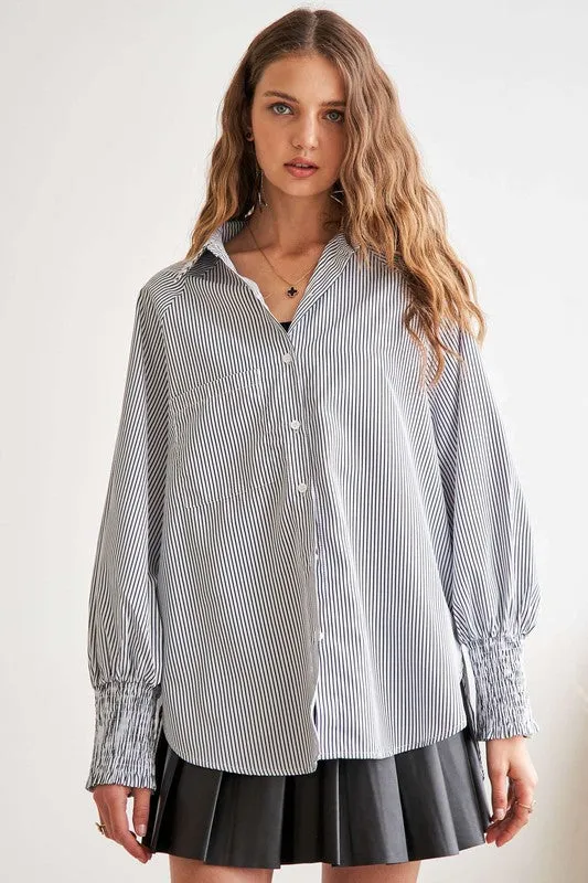 ADORA High-Low Striped Button Down Smocked Lantern Sleeve Shirt sold by Charming Charlie product image thumbnail 4