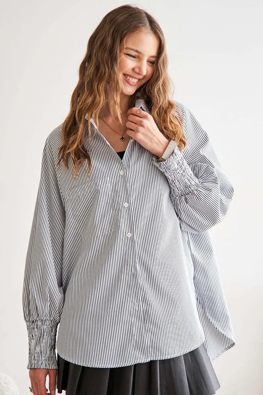 ADORA High-Low Striped Button Down Smocked Lantern Sleeve Shirt sold by Charming Charlie
