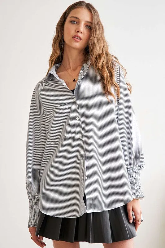 ADORA High-Low Striped Button Down Smocked Lantern Sleeve Shirt sold by Charming Charlie product image thumbnail 5