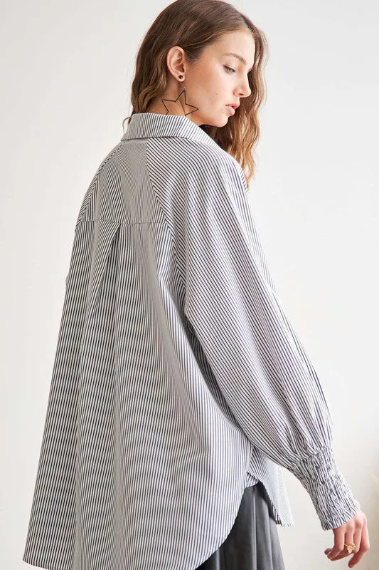 ADORA High-Low Striped Button Down Smocked Lantern Sleeve Shirt sold by Charming Charlie product image thumbnail 2