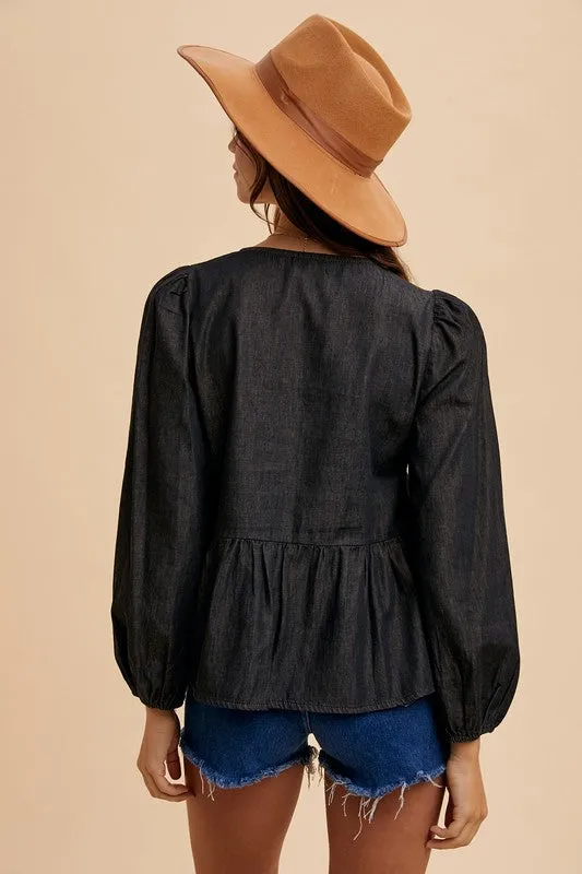 Annie Wear Tie Front Peplum Long Sleeve Denim Top sold by Charming Charlie product image thumbnail 3