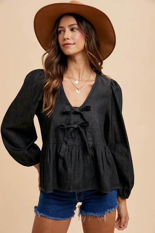 Annie Wear Tie Front Peplum Long Sleeve Denim Top sold by Charming Charlie product image thumbnail 4