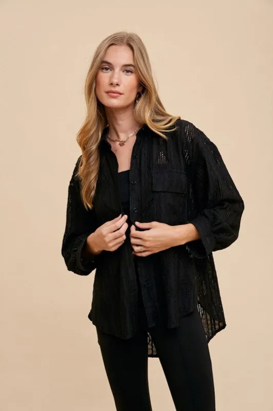 Annie Wear Openwork Button Down Drop Shoulder Shirt sold by Charming Charlie