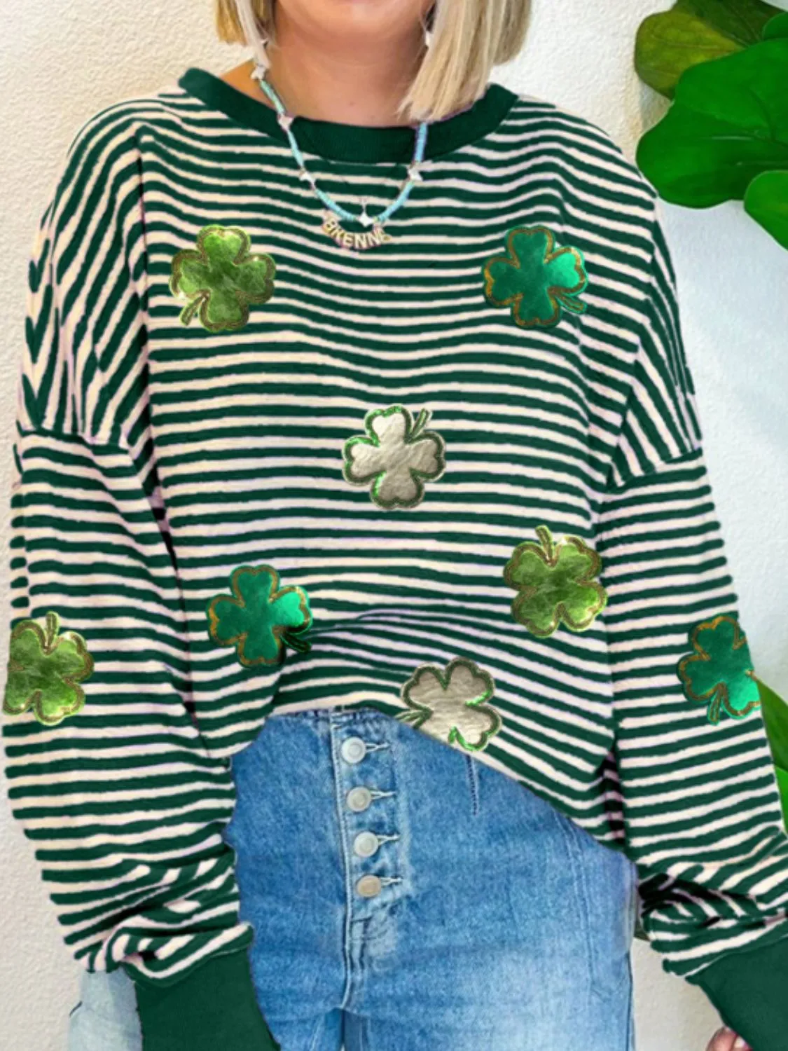Stripe Lucky Clover Drop Shoulder Sweatshirt sold by Charming Charlie product image thumbnail 2