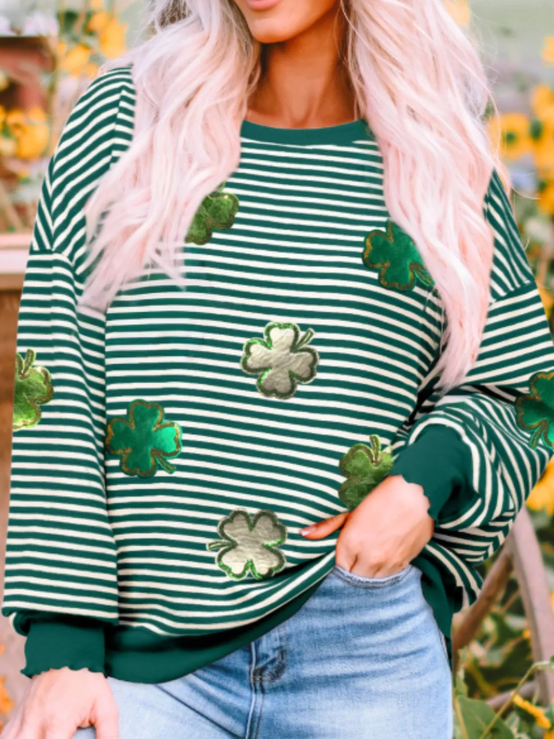 Stripe Lucky Clover Drop Shoulder Sweatshirt sold by Charming Charlie product image thumbnail 4