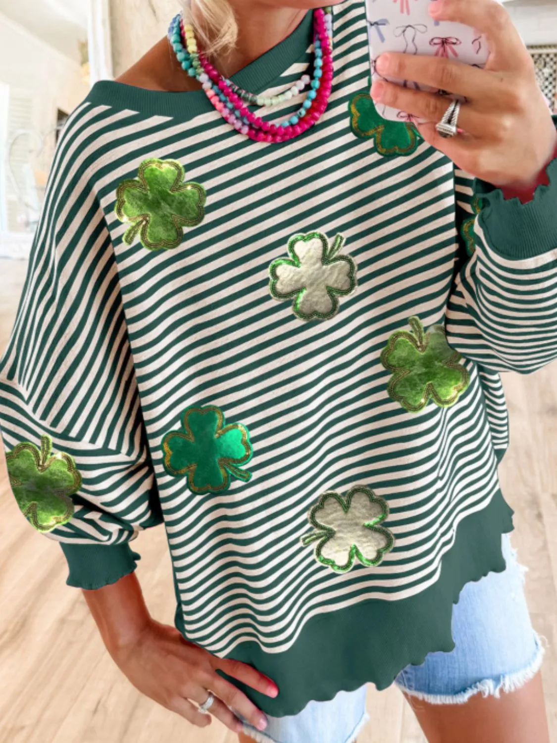 Stripe Lucky Clover Drop Shoulder Sweatshirt sold by Charming Charlie
