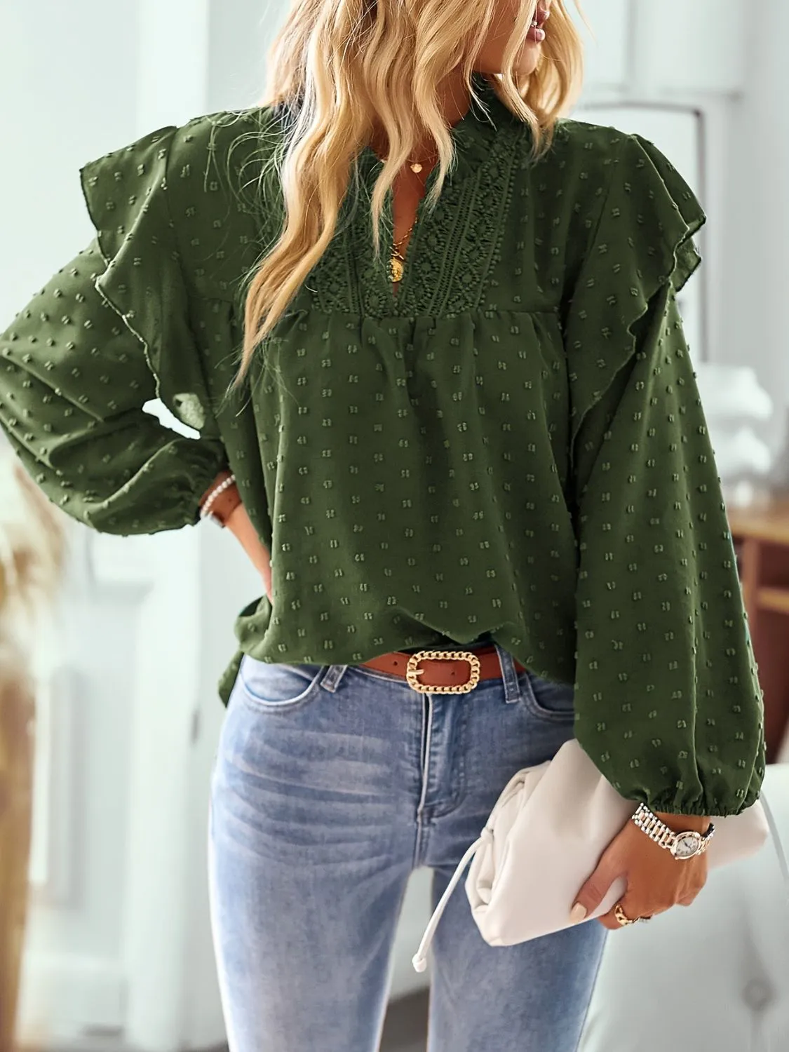 Ruffled Swiss Dot Notched Long Sleeve Blouse sold by Charming Charlie product image thumbnail 3