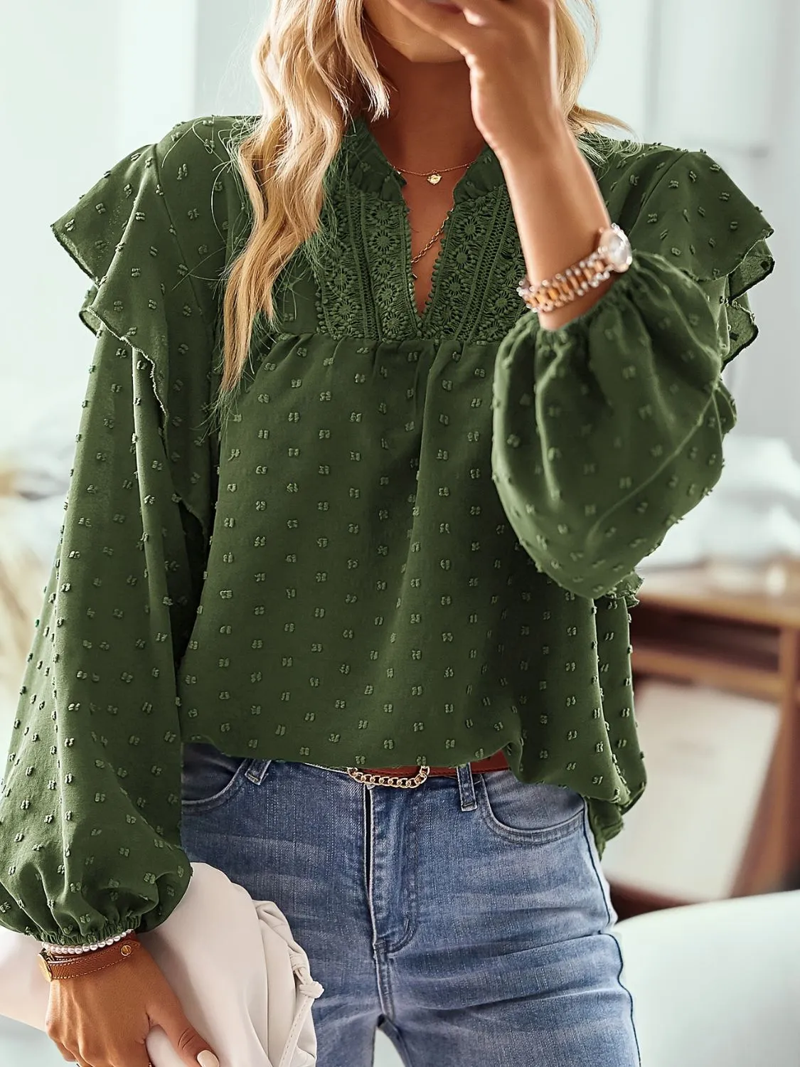 Ruffled Swiss Dot Notched Long Sleeve Blouse sold by Charming Charlie product image thumbnail 4