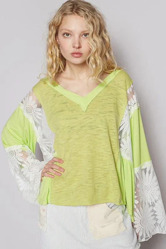POL Lace Detail V-Neck Flare Sleeve Blouse sold by Charming Charlie