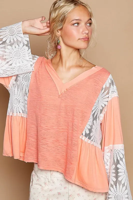 POL Lace Detail V-Neck Flare Sleeve Blouse sold by Charming Charlie