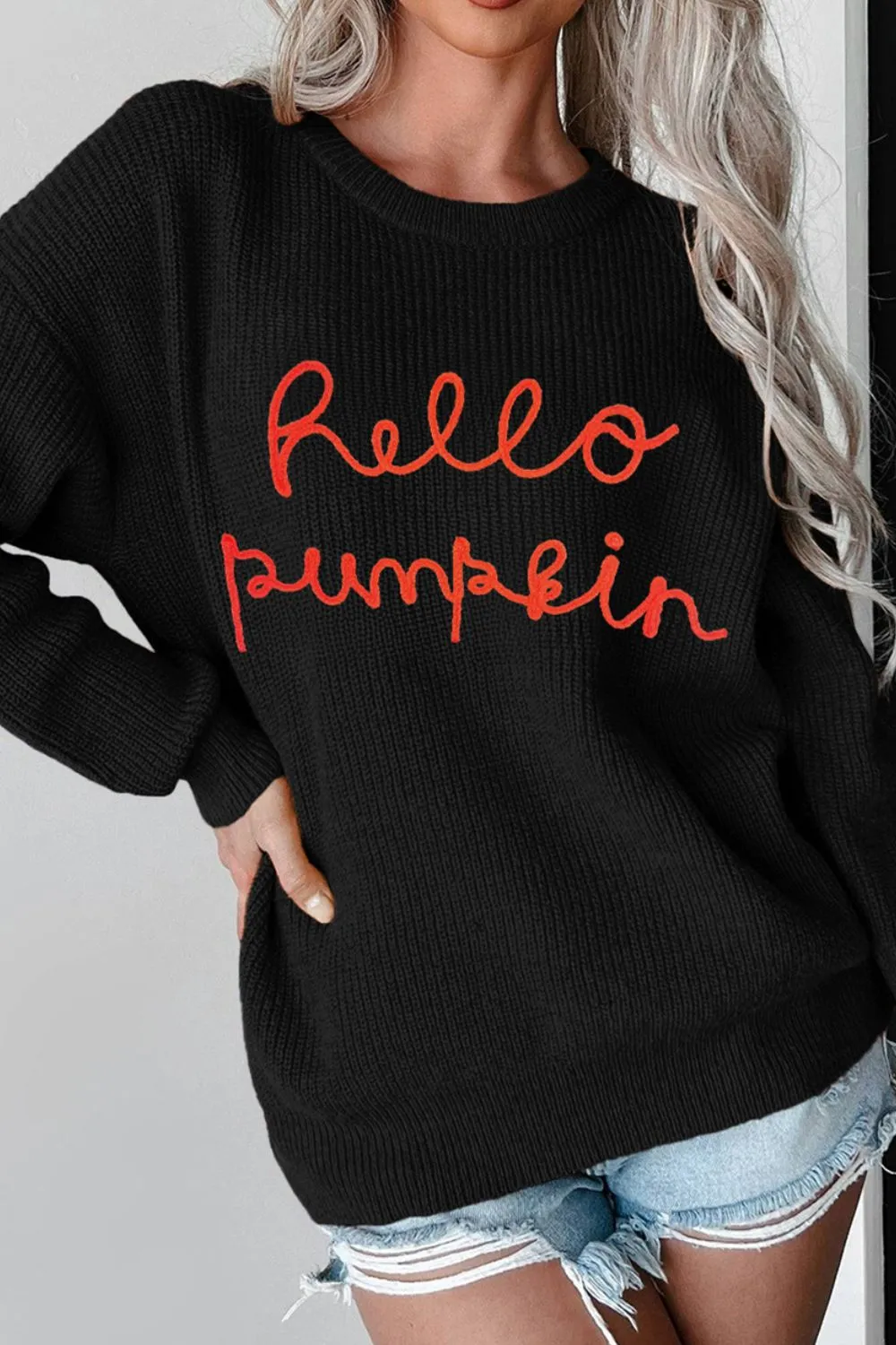HELLO PUMPKIN Round Neck Long Sleeve Sweater sold by Charming Charlie