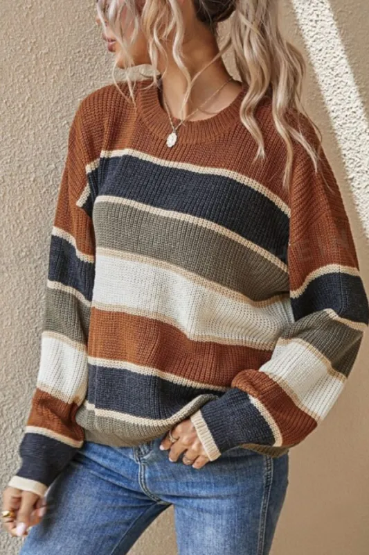 Contrast Striped Round Neck Long Sleeve Sweater sold by Charming Charlie