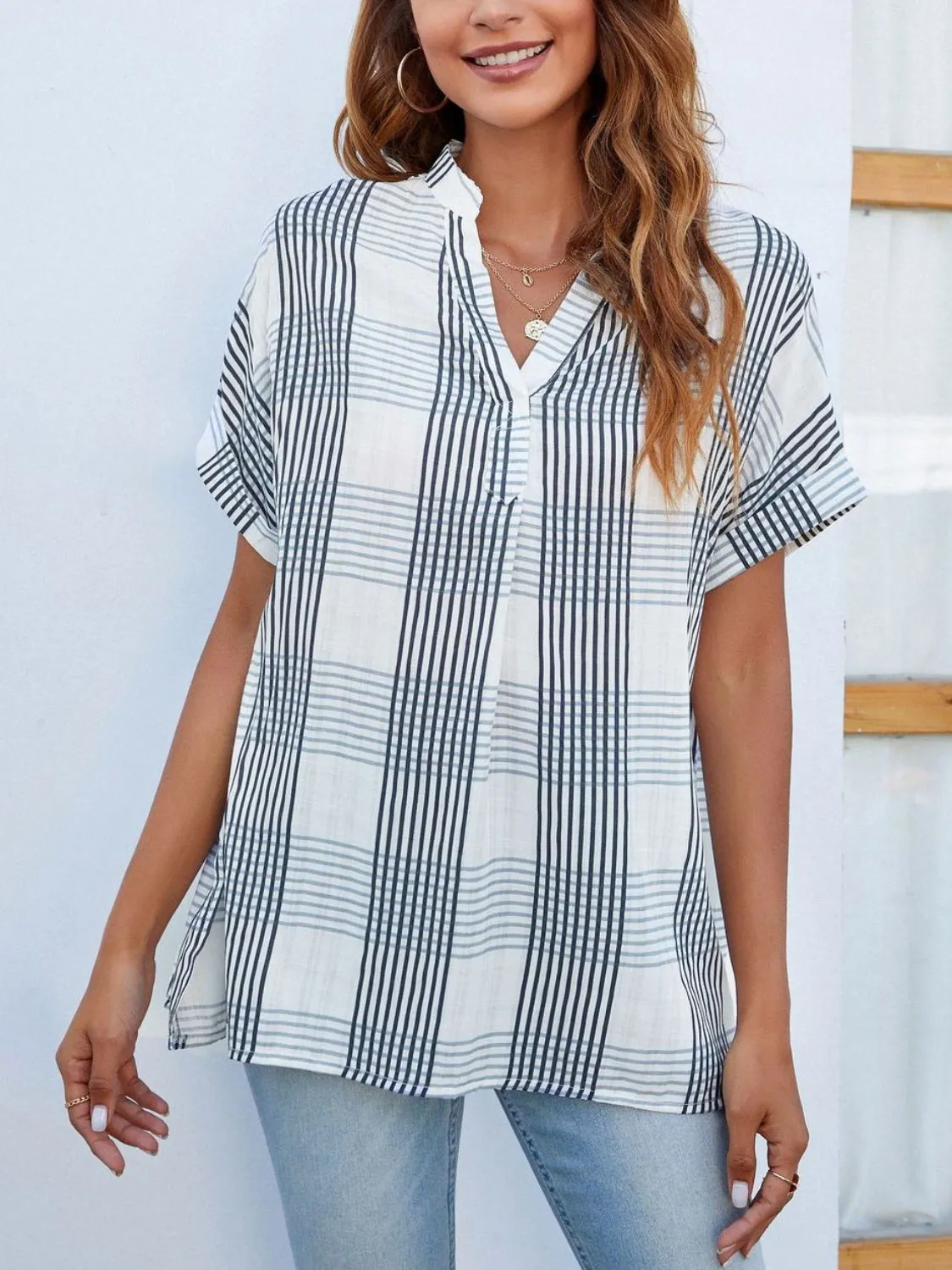 Mandy Side Slit Notched Short Sleeve Blouse sold by Charming Charlie product image thumbnail 2