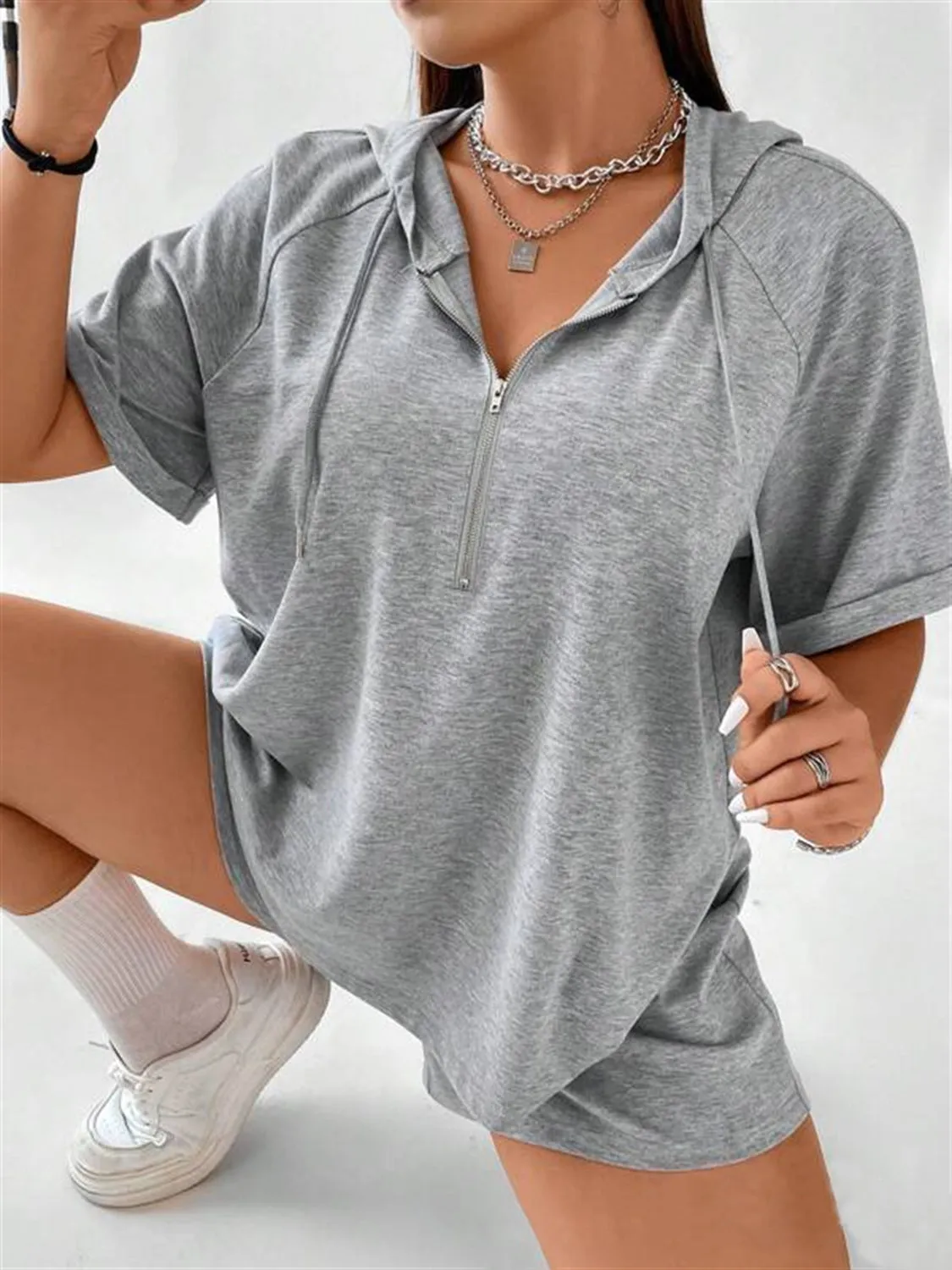 Full Size Drawstring Half Zip Hooded Top and Shorts Set Plus Size sold by Charming Charlie product image thumbnail 4