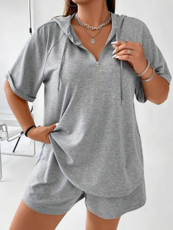 Full Size Drawstring Half Zip Hooded Top and Shorts Set Plus Size sold by Charming Charlie
