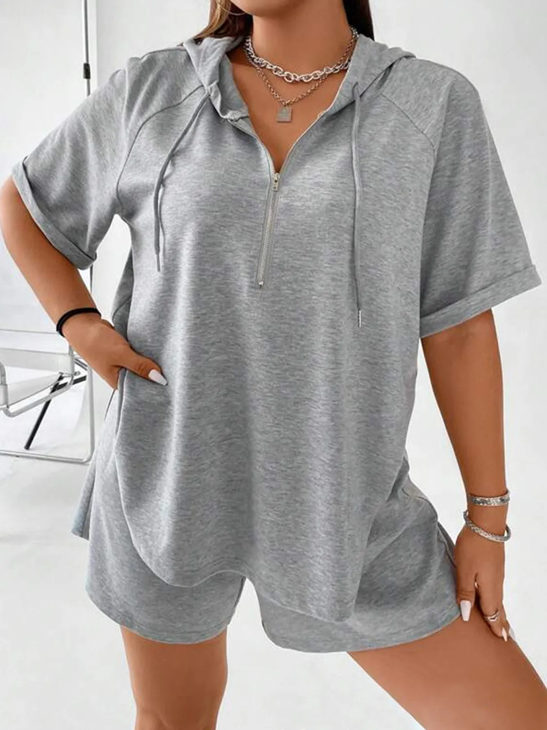 Full Size Drawstring Half Zip Hooded Top and Shorts Set Plus Size sold by Charming Charlie product image thumbnail 2