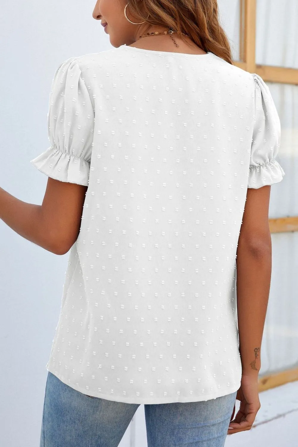 Mandy Swiss Dot Lace Detail V-Neck Short Sleeve Blouse sold by Charming Charlie product image thumbnail 3