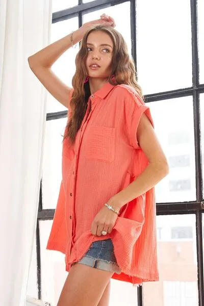 ADORA Raw Hem Collared Neck Button Down Shirt sold by Charming Charlie product image thumbnail 3