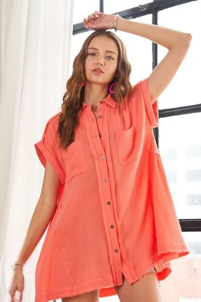ADORA Raw Hem Collared Neck Button Down Shirt sold by Charming Charlie