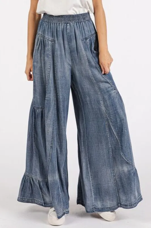 Mittoshop Washed Chambray Tier Detail Wide Leg Pants sold by Charming Charlie