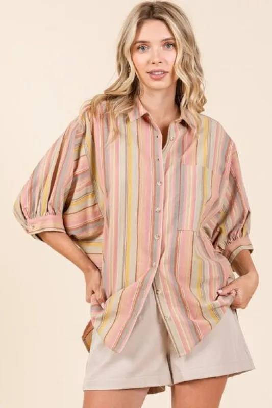 Mittoshop Striped Bubble Sleeve Button Down Shirt sold by Charming Charlie