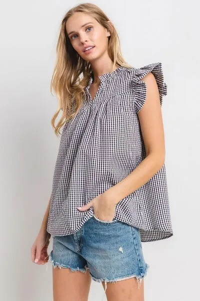 Ces Femme Plaid Notched Ruffled Cap Sleeve Blouse sold by Charming Charlie product image thumbnail 4
