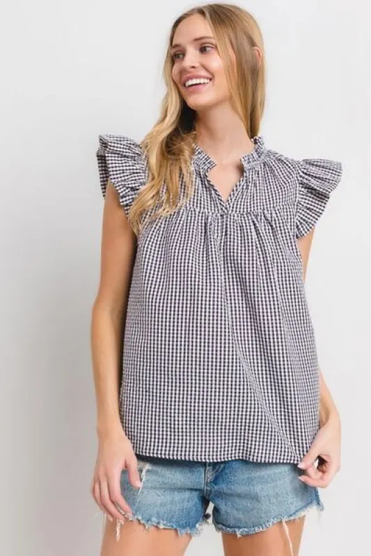 Ces Femme Plaid Notched Ruffled Cap Sleeve Blouse sold by Charming Charlie