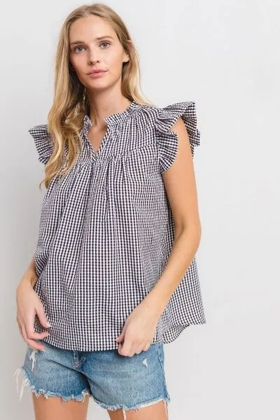 Ces Femme Plaid Notched Ruffled Cap Sleeve Blouse sold by Charming Charlie product image thumbnail 2