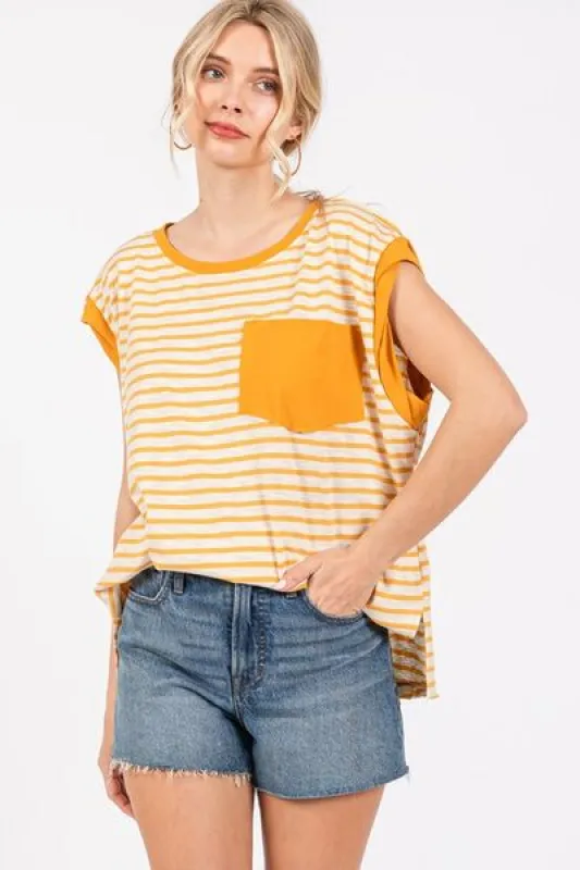 Ces Femme Side Slit Striped Cap Sleeve T-Shirt sold by Charming Charlie