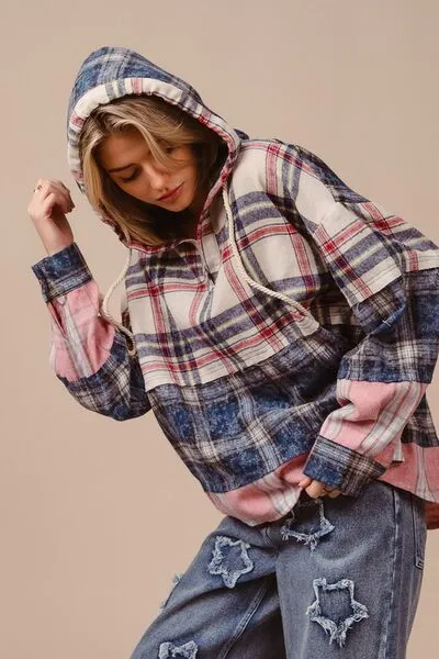 BiBi Drawstring Plaid Drop Shoulder Hoodie sold by Charming Charlie product image thumbnail 5