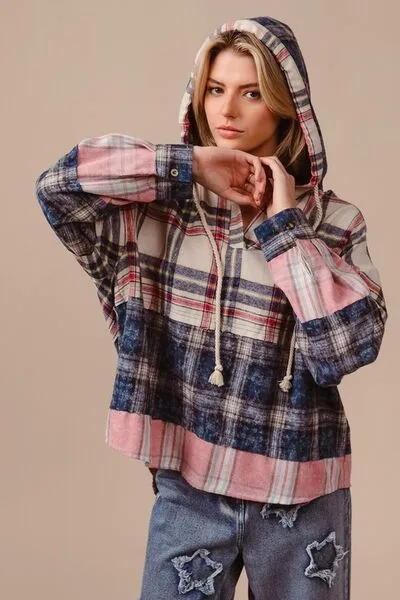 BiBi Drawstring Plaid Drop Shoulder Hoodie sold by Charming Charlie