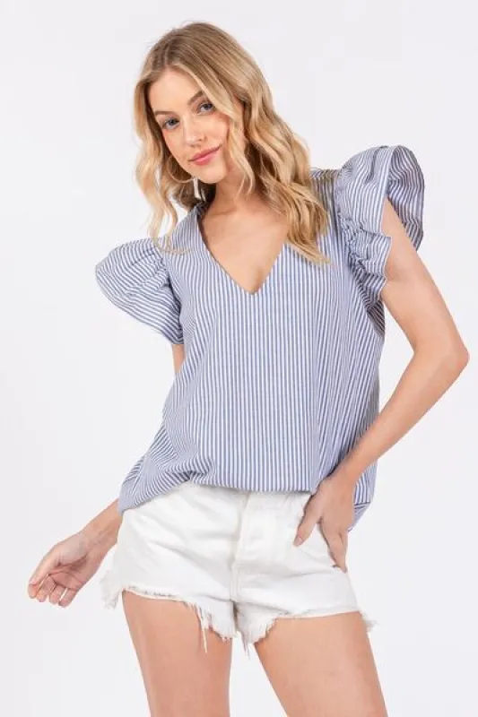 Ces Femme Striped V-Neck Ruffled Cap Sleeve Blouse sold by Charming Charlie