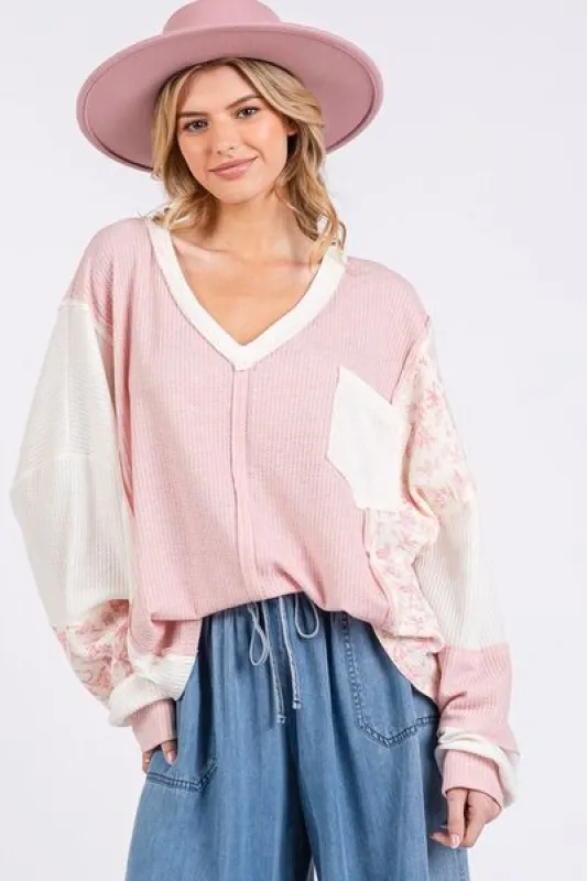 SAGE + FIG Floral Long Sleeve V-Neck Waffle Knit Top sold by Charming Charlie