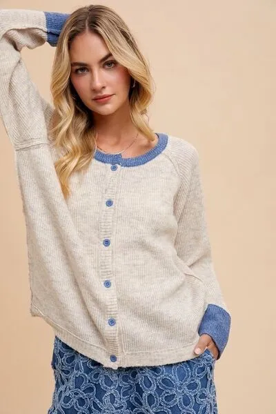 Annie Wear Contrast Trim Button Down Raglan Sleeve Cardigan sold by Charming Charlie product image thumbnail 5