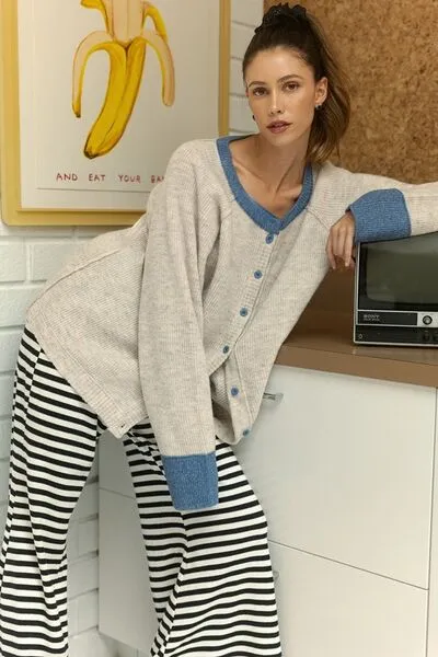 Annie Wear Contrast Trim Button Down Raglan Sleeve Cardigan sold by Charming Charlie