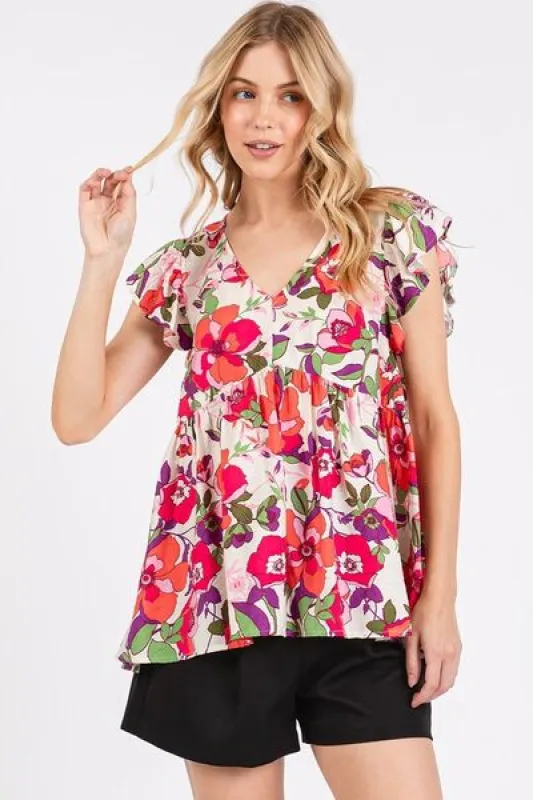 Mittoshop Floral V-Neck Ruffled Cap Sleeve Blouse sold by Charming Charlie