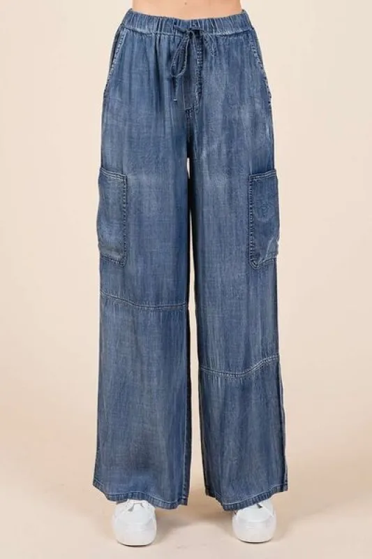 Mittoshop Washed Elastic Waist Cargo Wide Leg Pants sold by Charming Charlie