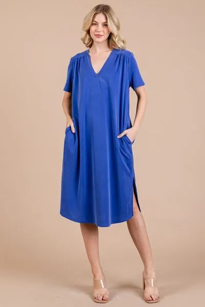 Ces Femme Side Slit Short Sleeve Midi Dress with Pockets sold by Charming Charlie