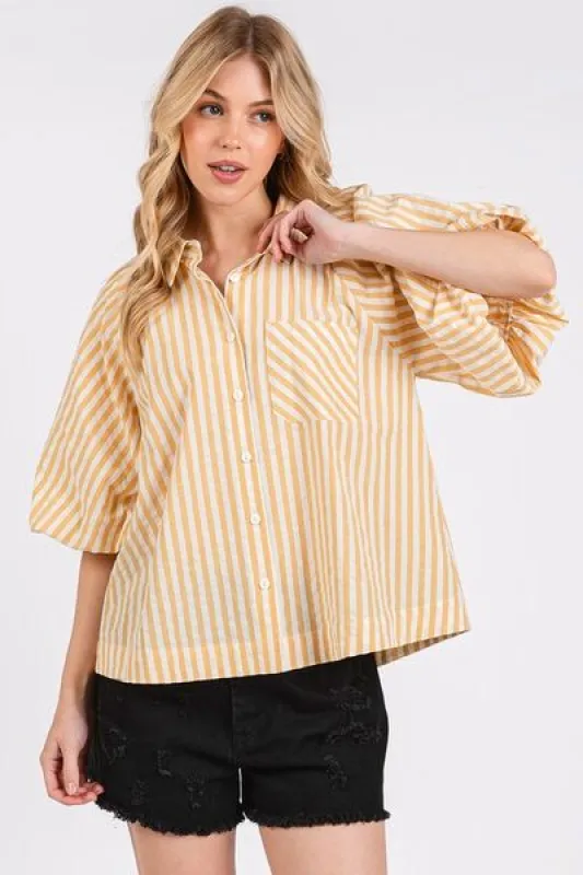 Mittoshop Button Down Striped Puff Sleeve Shirt sold by Charming Charlie