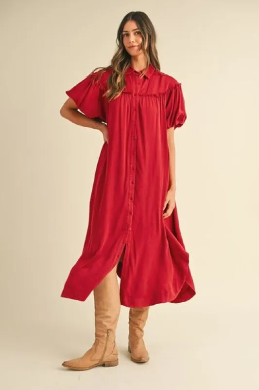 Annie Wear Mineral Washed Button Down Puff Sleeve Shirt Dress sold by Charming Charlie