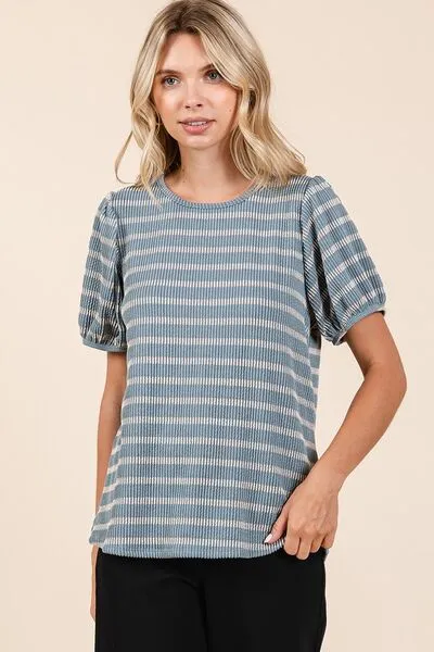 Mittoshop Contrast Striped Short Puff Sleeve Knit Top sold by Charming Charlie product image thumbnail 3
