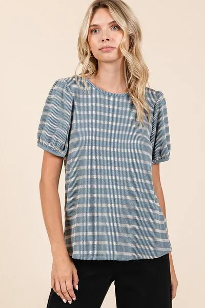 Mittoshop Contrast Striped Short Puff Sleeve Knit Top sold by Charming Charlie