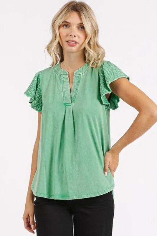 Mittoshop Mix Media Ruffle Short Sleeve Mineral Wash Top sold by Charming Charlie