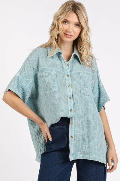 Mittoshop Mineral Wash Gauze Oversized Short Sleeve Shirt sold by Charming Charlie