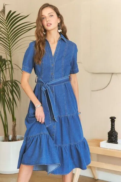 ADORA Tiered Button Down Tie Waist Short Sleeve Denim Dress sold by Charming Charlie product image thumbnail 2