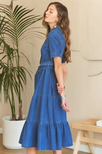 ADORA Tiered Button Down Tie Waist Short Sleeve Denim Dress sold by Charming Charlie product image thumbnail 3